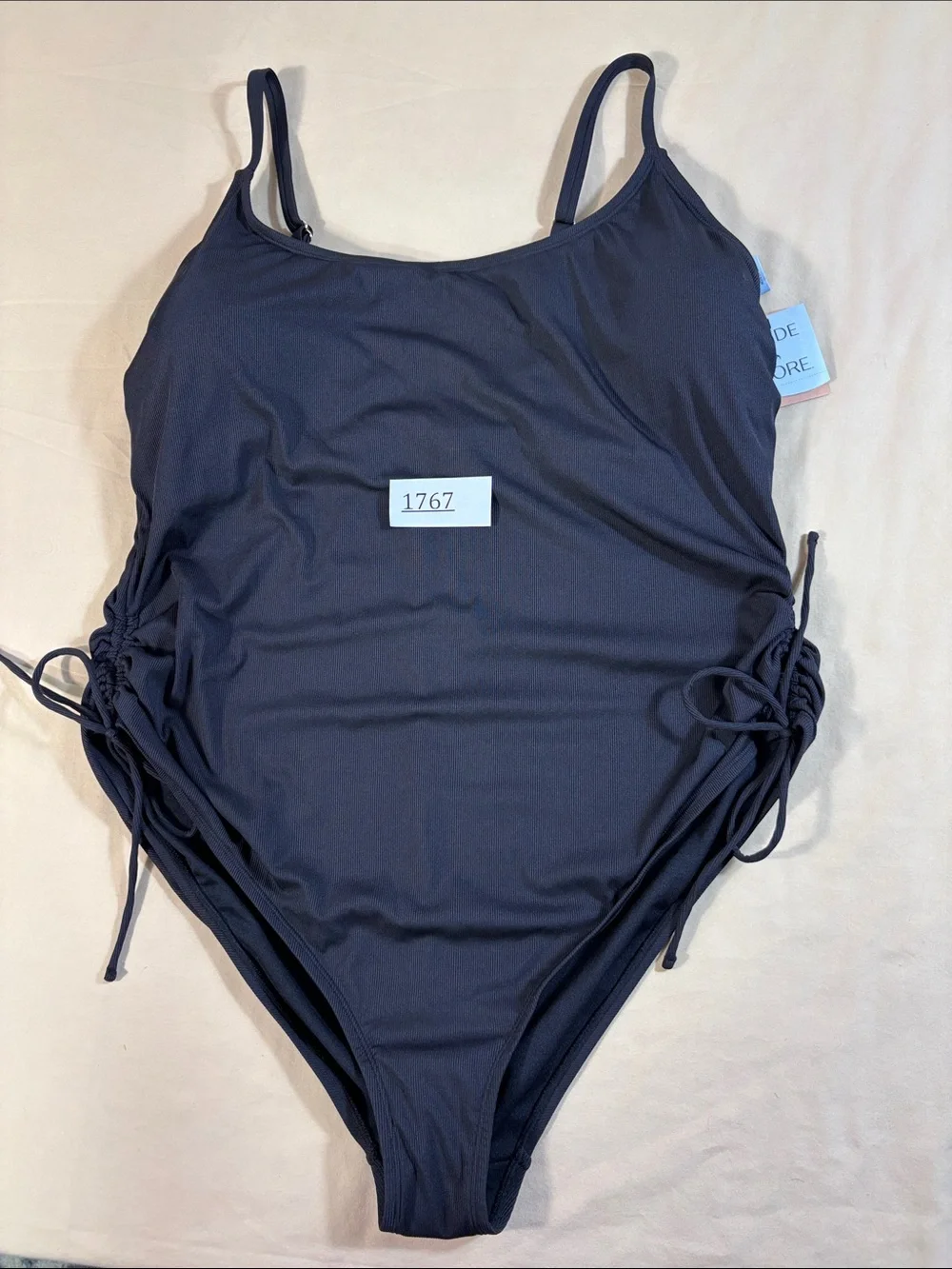 Shade & Shore NWT Black Ribbed Side‎ Cinch One Piece Swimsuit Women's Size 22